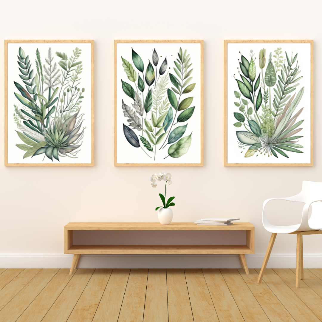 Set of 3 Wall Art Green | Botanical Set for Living Room, Office, Bedroom