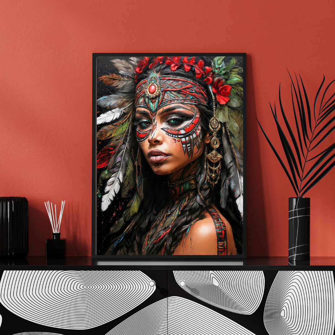 Poster | Kunstdruck Aztekenkönigin Wandbild – Mystisches Portrait im Ethno-Stil als hochwertiger Kunstdruck 