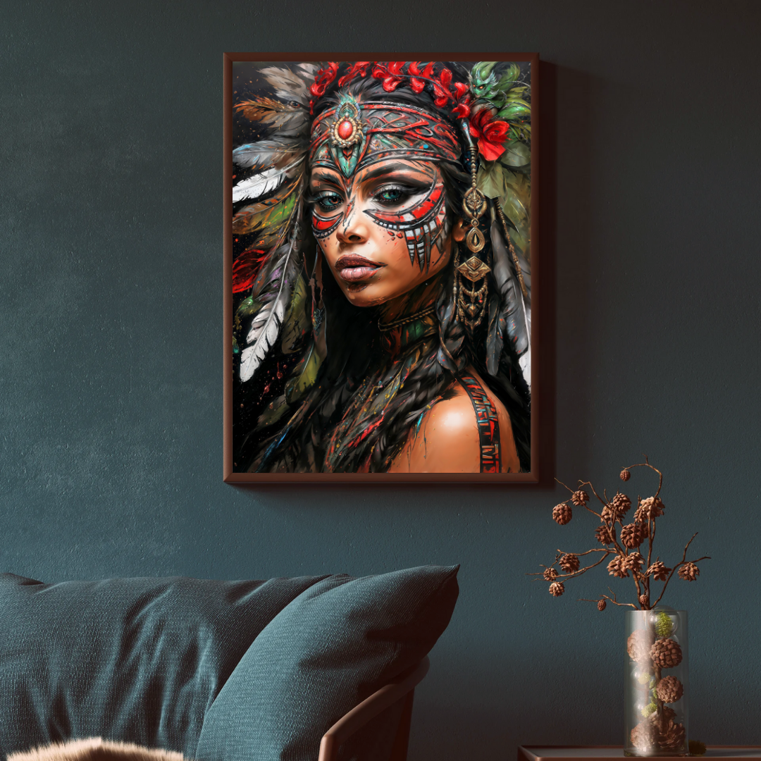 Poster | Kunstdruck Aztekenkönigin Wandbild – Mystisches Portrait im Ethno-Stil als hochwertiger Kunstdruck 