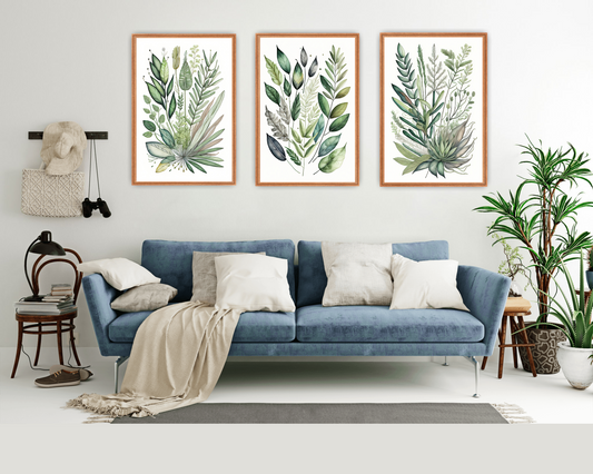 Set of 3 Wall Art Green | Botanical Set for Living Room, Office, Bedroom