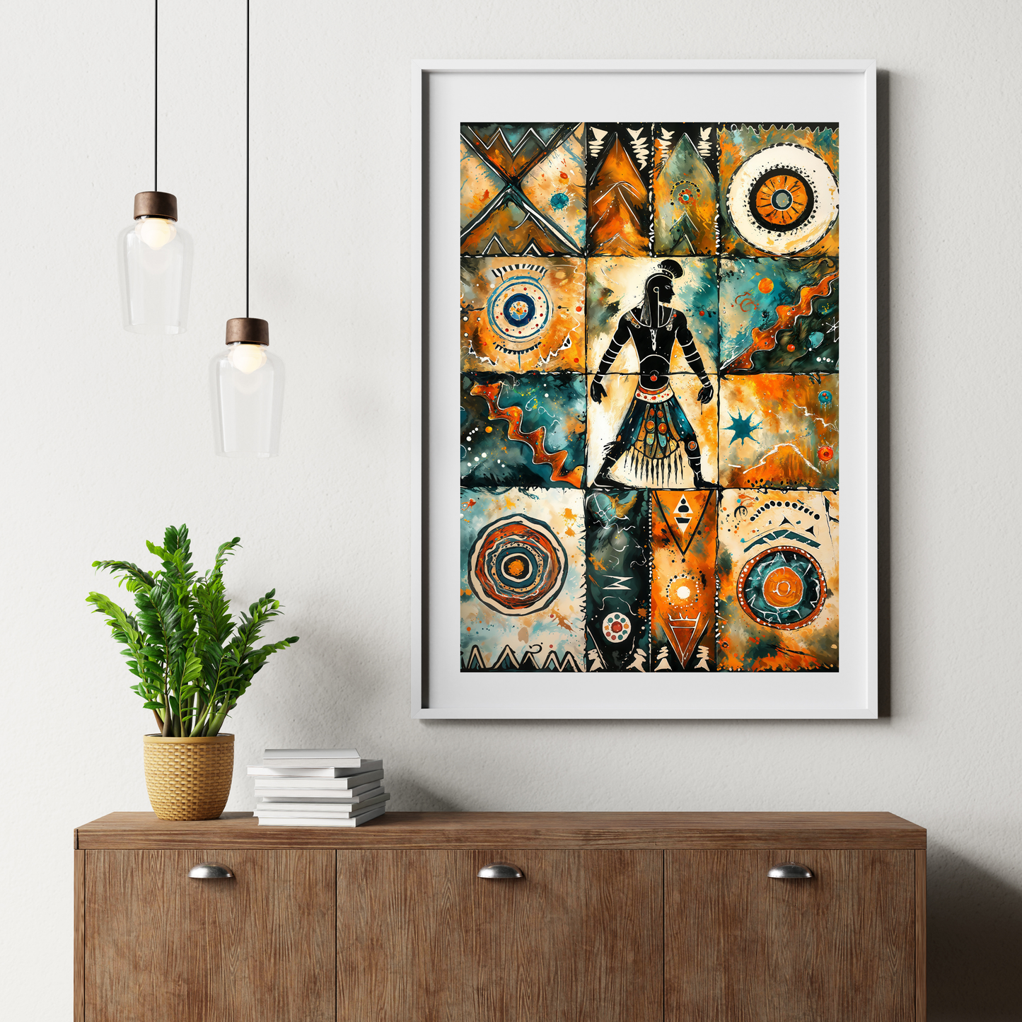 Poster | Tribal Art watercolor painting | Orange-Teal African Warrior Spirit Artwork