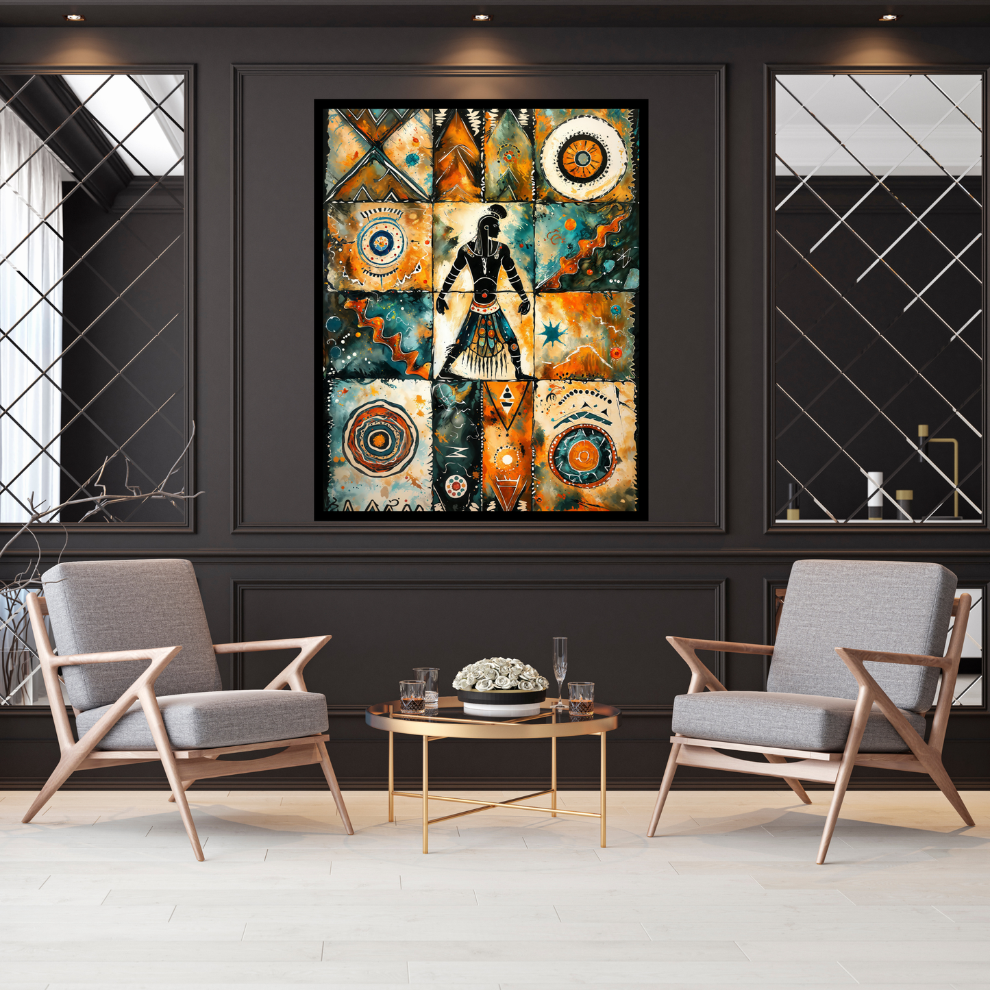 Poster | Tribal Art watercolor painting | Orange-Teal African Warrior Spirit Artwork