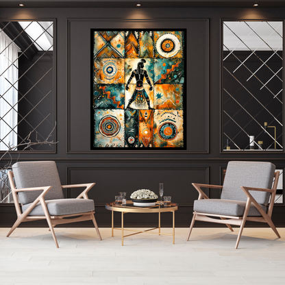 Poster | Tribal Art watercolor painting | Orange-Teal African Warrior Spirit Artwork