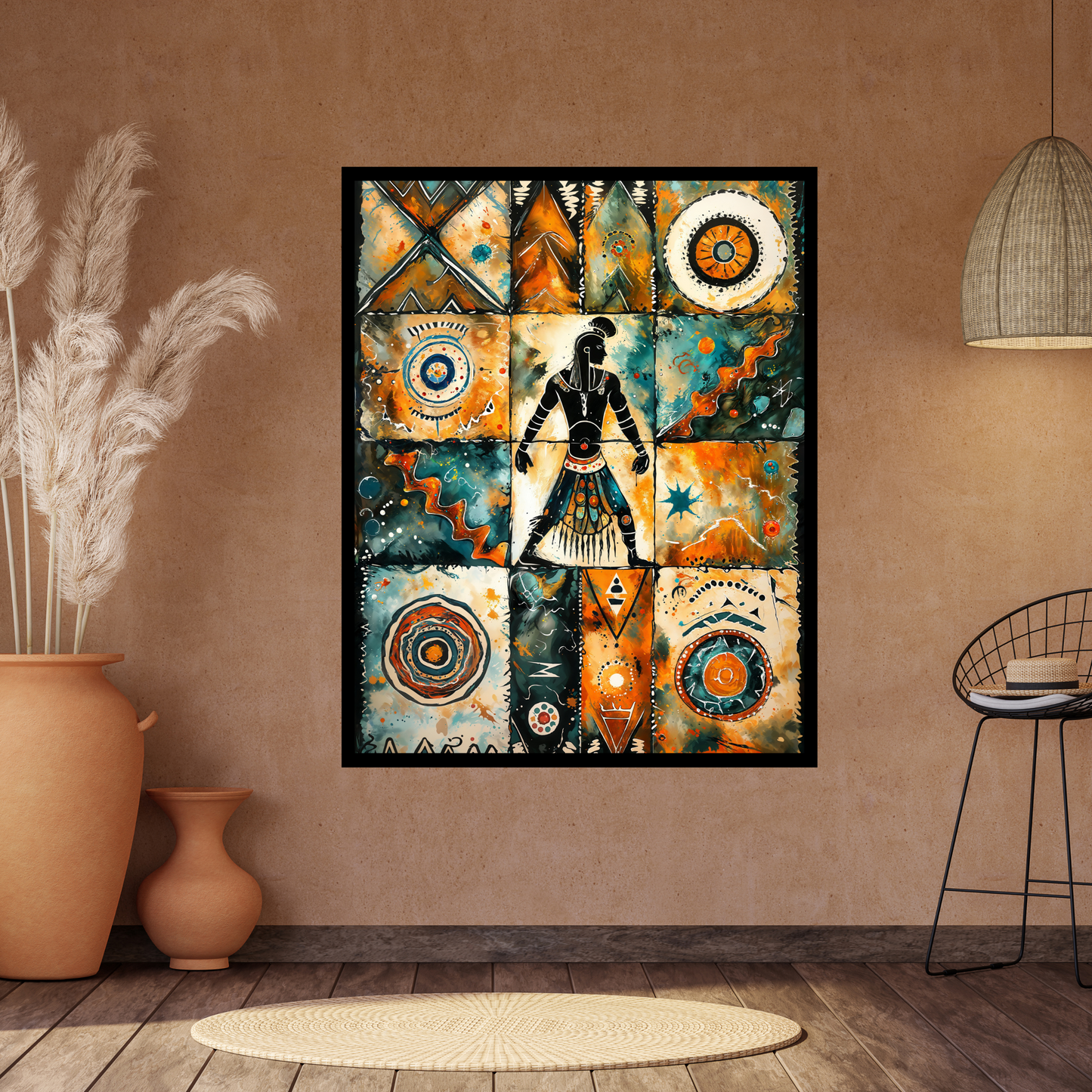 Poster | Tribal Art watercolor painting | Orange-Teal African Warrior Spirit Artwork