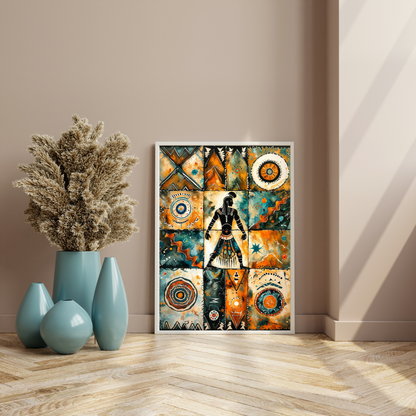 Poster | Tribal Art watercolor painting | Orange-Teal African Warrior Spirit Artwork