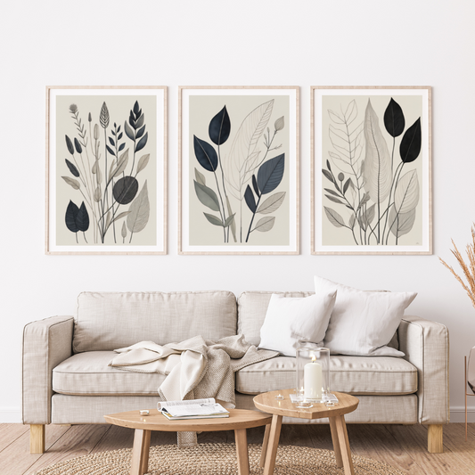 Set of 3 Plants Drawing in Black and White for Minimalistic Design