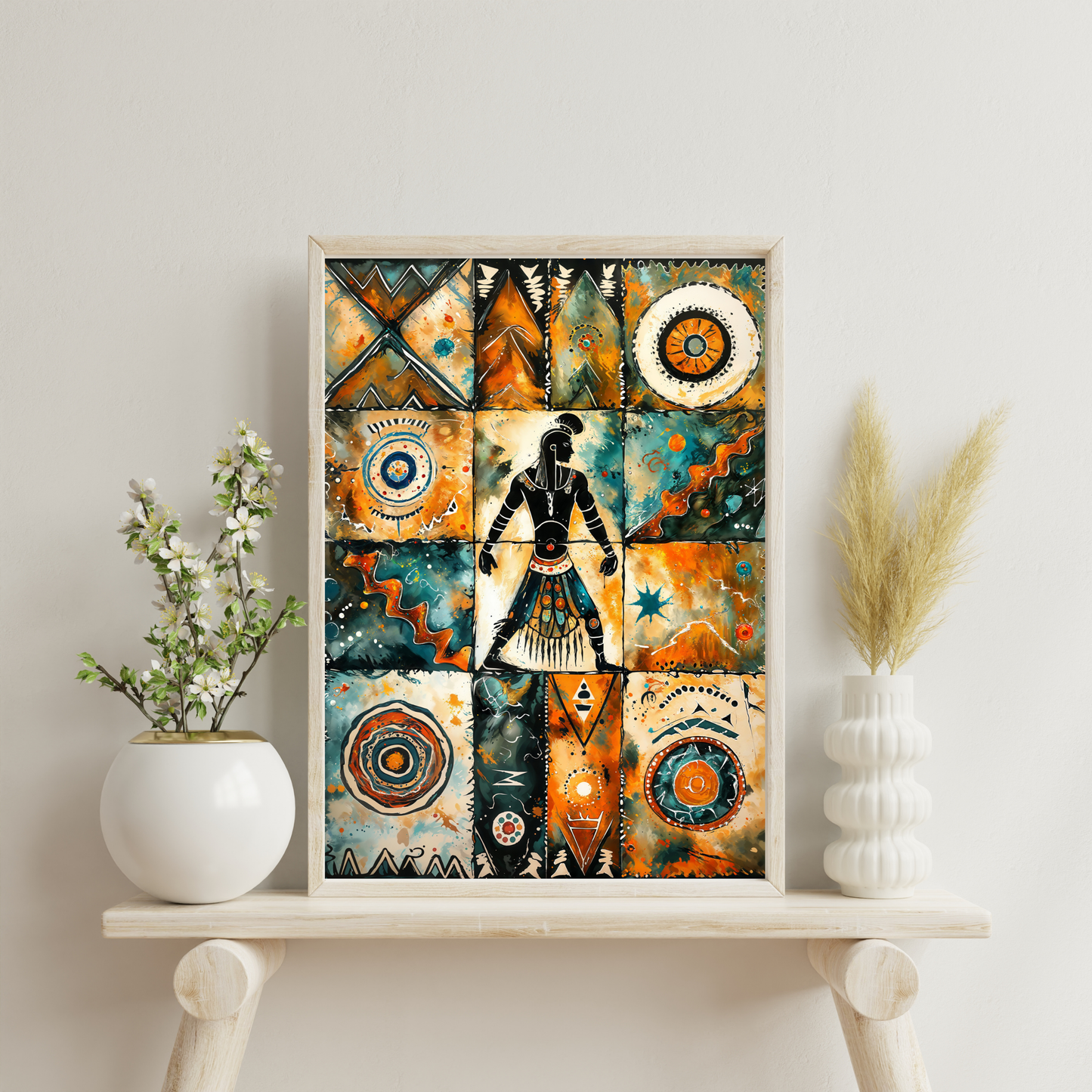 Poster | Tribal Art watercolor painting | Orange-Teal African Warrior Spirit Artwork