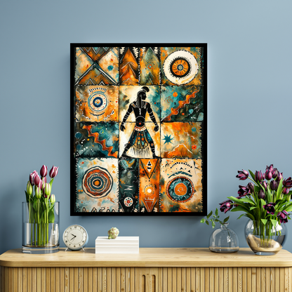 Poster | Tribal Art watercolor painting | Orange-Teal African Warrior Spirit Artwork