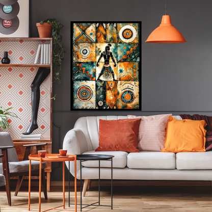 Poster | Tribal Art watercolor painting | Orange-Teal African Warrior Spirit Artwork