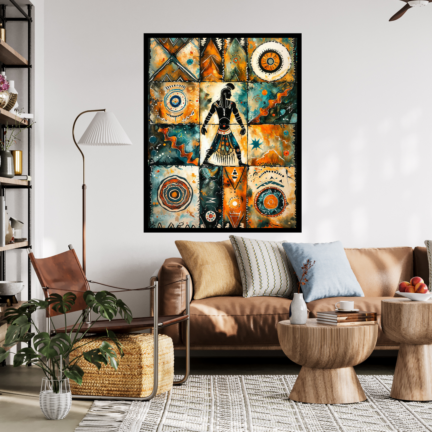 Poster | Tribal Art watercolor painting | Orange-Teal African Warrior Spirit Artwork