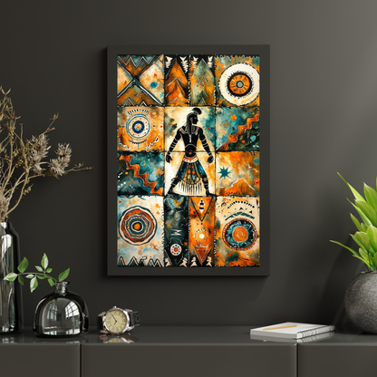 Poster | Tribal Art watercolor painting | Orange-Teal African Warrior Spirit Artwork