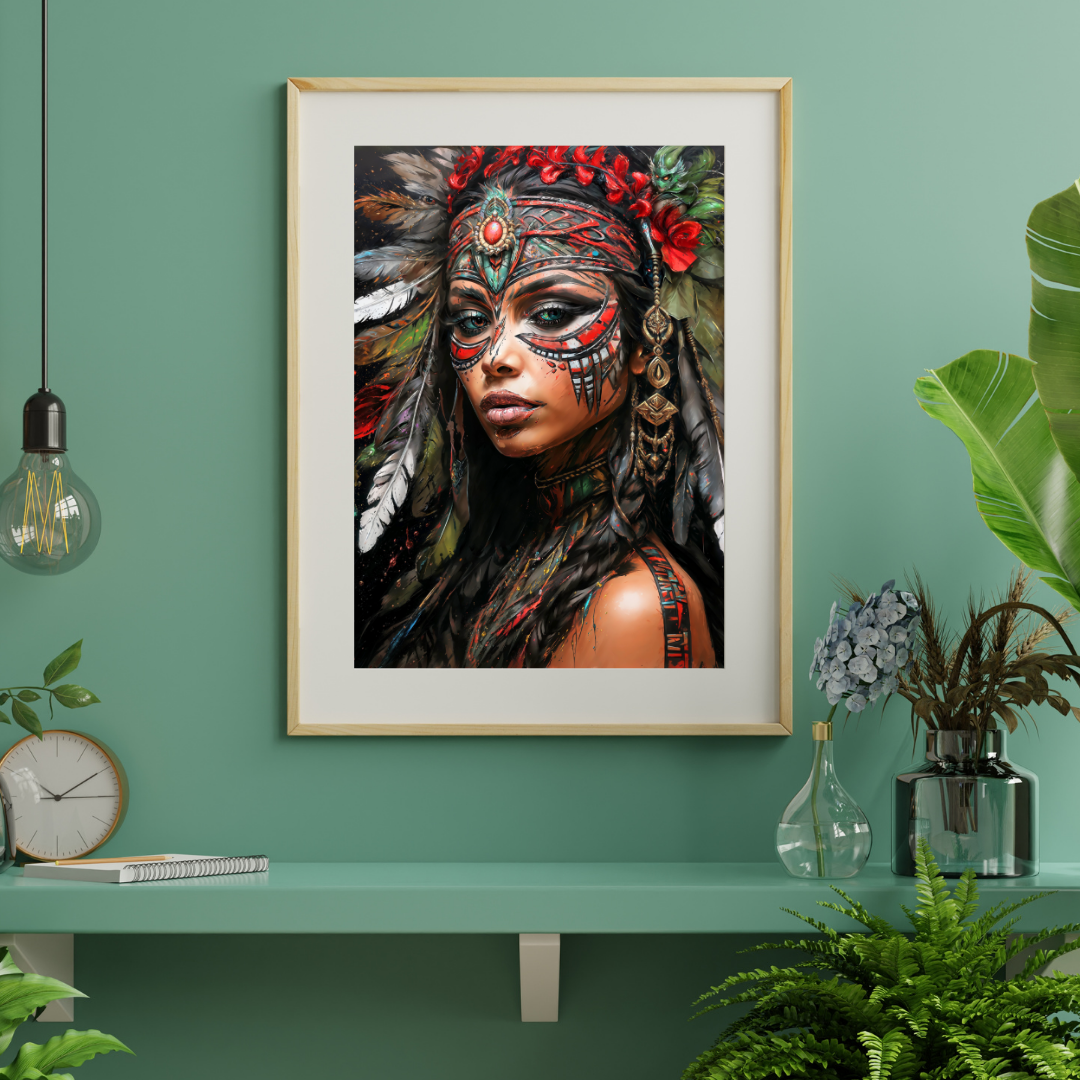 Poster | Kunstdruck Aztekenkönigin Wandbild – Mystisches Portrait im Ethno-Stil als hochwertiger Kunstdruck 
